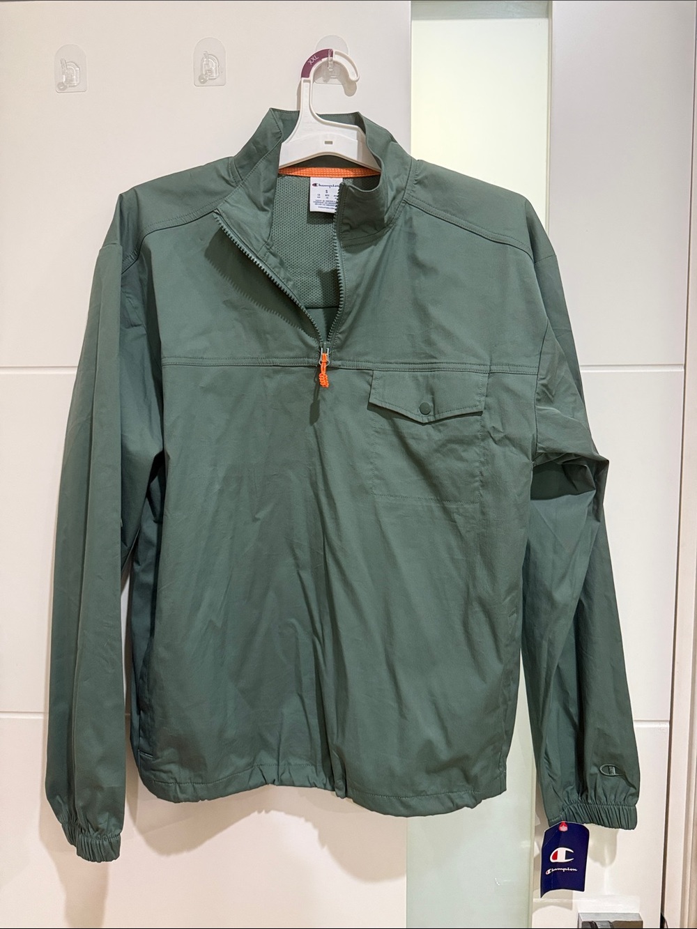 Champion Olive Green Lightweight Half-Zip Jacket with Orange Pull
